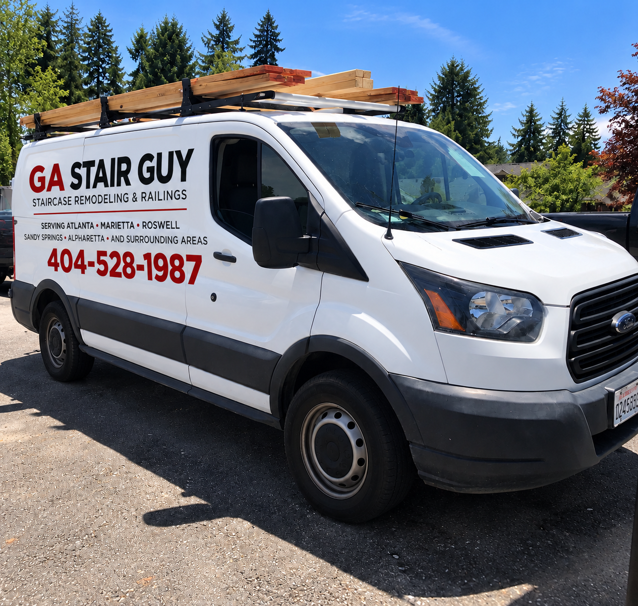GA Stair Guy work van loaded with stair lumber